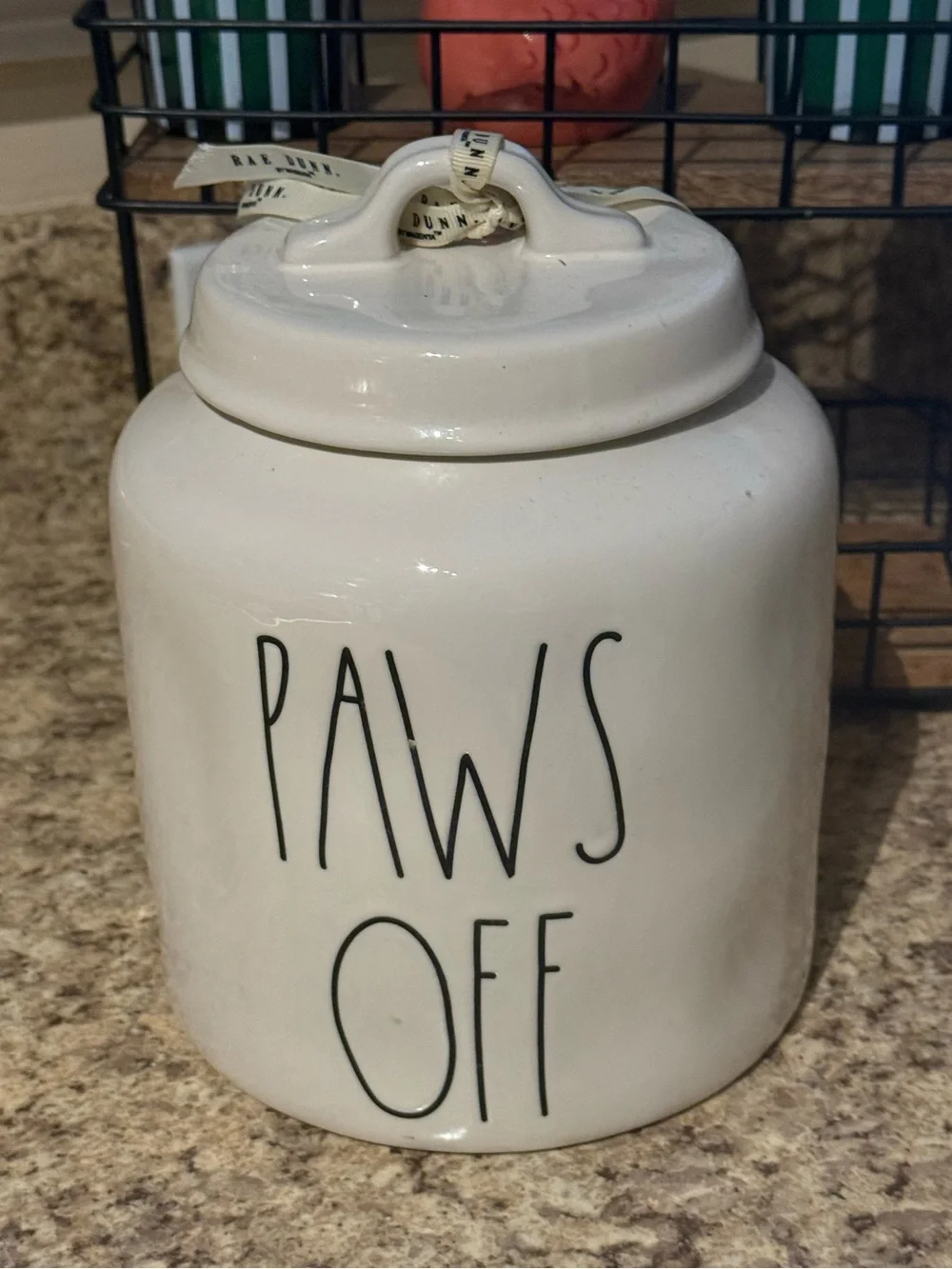 Rae Dunn Artisan Collection By Magenta PAWS OFF White Ceramic Pet Treat Jar